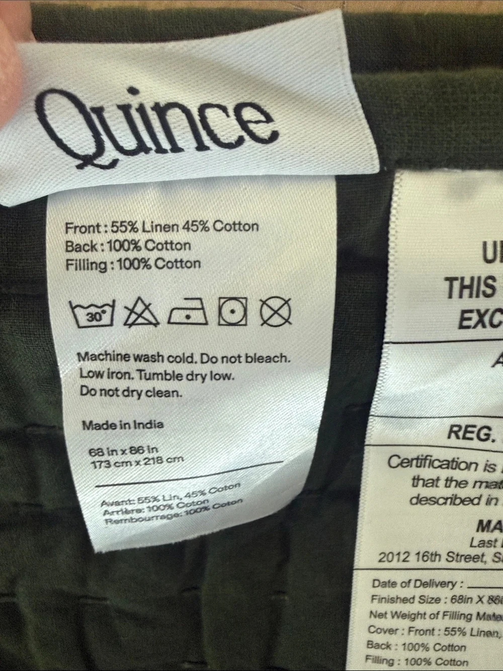 Quince European Linen Cotton Stitch Quilt, Twin, Pine Green - FLAWED